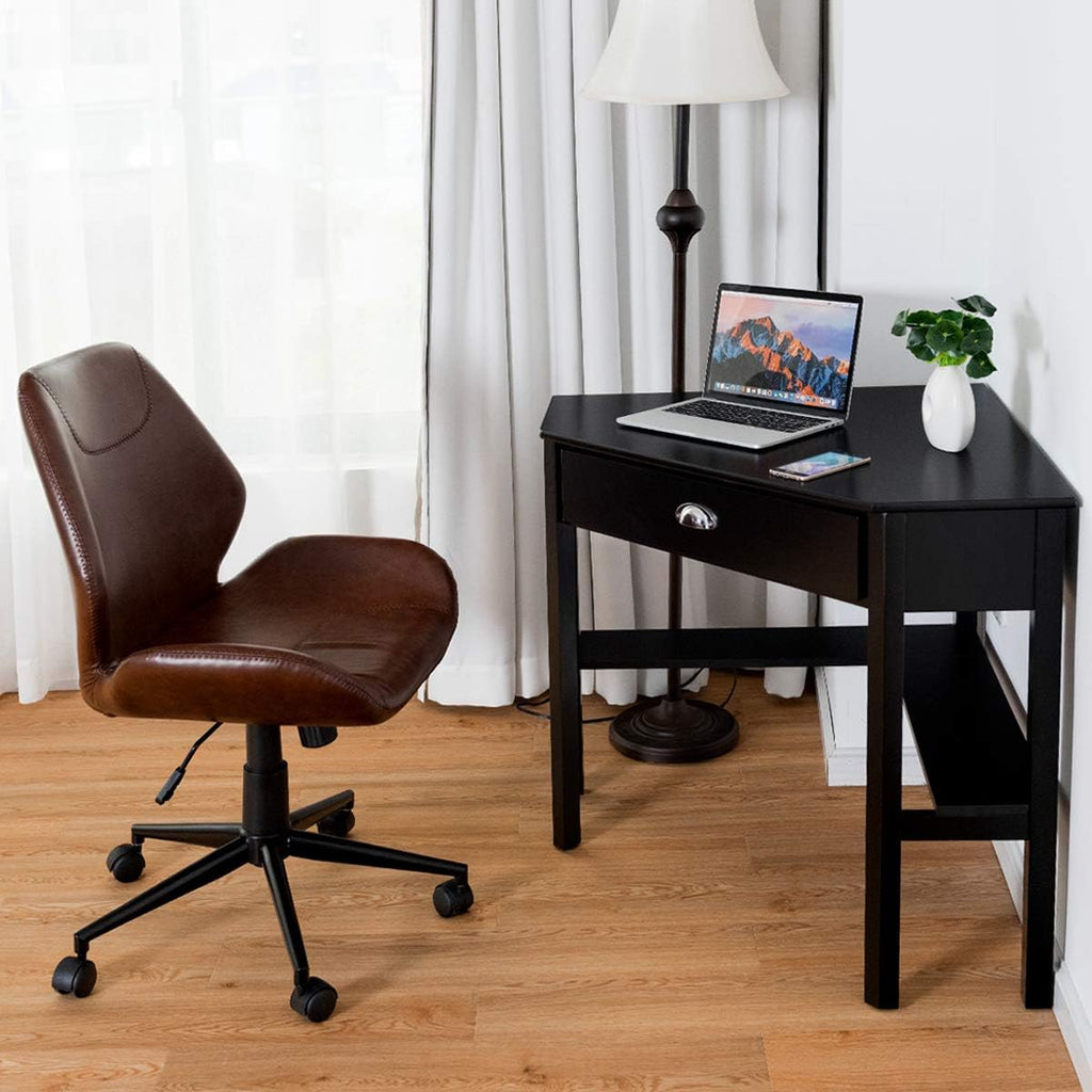 Corner Computer Desk, Space-Saving Corner Table with Drawer & Shelves, Home Office 90° Triangle Corner Workstation, Modern Makeup Vanity Table, Small Corner Desk for Small Spaces (Black)