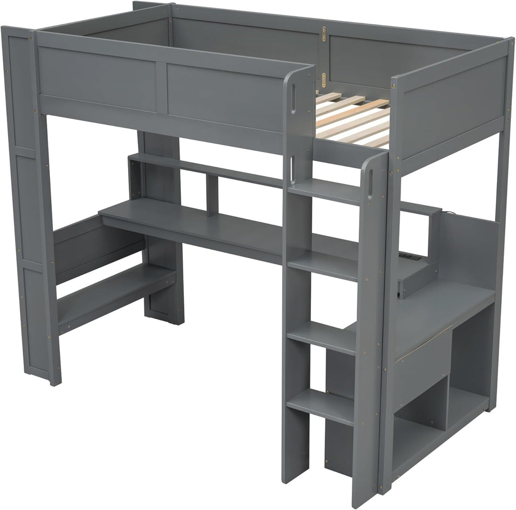 Twin Size Gaming Loft Bed with Desk & Storage Drawers & Shelves & Charging Station & LED,Wood Loft Bed Frame with Cabinets,Bookshelf,Safety Guardrail and Ladder for Gamers Kids Teens Aldults,Dark Gray