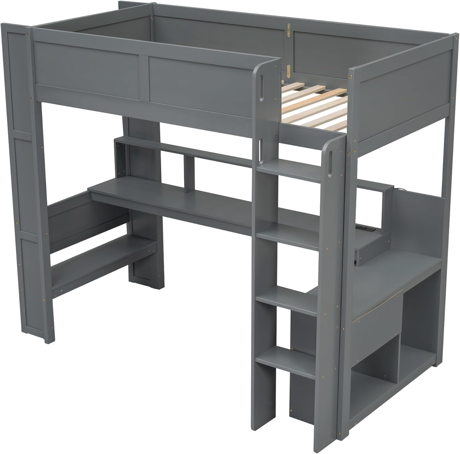 Twin Size Gaming Loft Bed with Desk & Storage Drawers & Shelves & Charging Station & LED,Wood Loft Bed Frame with Cabinets,Bookshelf,Safety Guardrail and Ladder for Gamers Kids Teens Aldults,Dark Gray