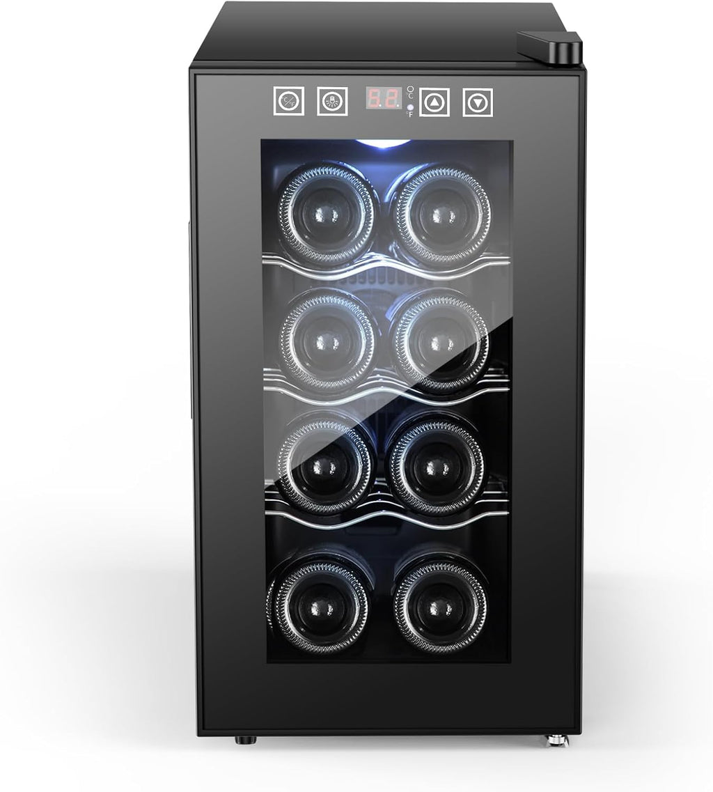8 Bottle Thermoelectric Wine Fridge, Mini Wine Cooler Refrigerator with LED Touchscreen & Low-E Glass Door, No Vibration Frost-Free Quiet, Countertop/Freestanding, Safety Lock