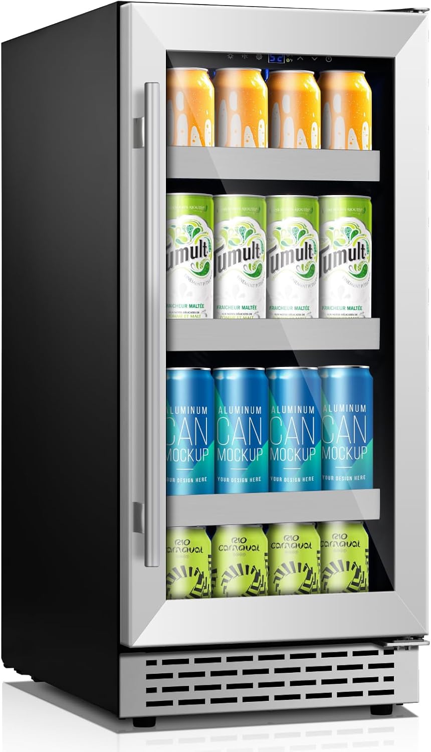 15 Inch Beverage Refrigerator,130 Cans Under Counter Beverage Fridge with Glass Door for Soda Beer Water, Freestanding Reversible Door Beverage Cooler Refrigerator for Home&Kitchen