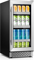 15 Inch Beverage Refrigerator,130 Cans Under Counter Beverage Fridge with Glass Door for Soda Beer Water, Freestanding Reversible Door Beverage Cooler Refrigerator for Home&Kitchen