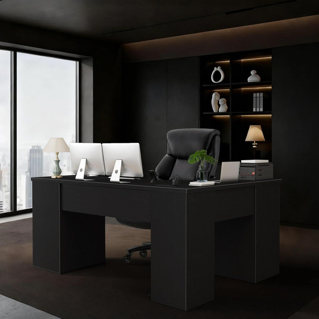 WINAZ Black L Shaped Office Desk with Lockable Drawers, 66 Inch Wood Executive L-Shaped Computer Desk with File Cabinet Storage & Power Outlet, Modern Large Corner Desks with Filing Cabinets