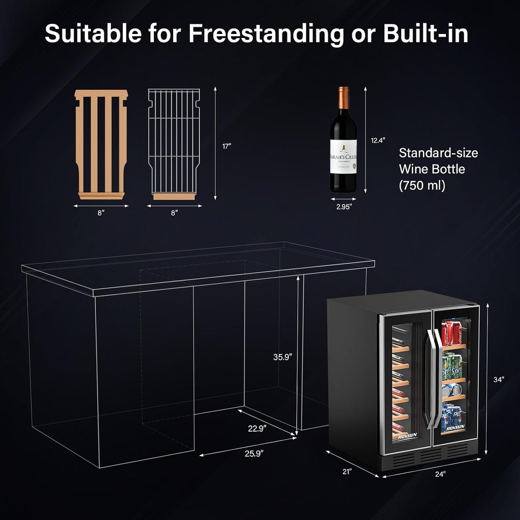 ROVSUN Dual Zone Wine and Beverage Refrigerator, 34 Bottle Wine Fridge with 2 Glass Door & Digital Temperature Control, Built-in/Freestanding/Under Counter Wine Cooler Chiller for Wine Champagne Beer