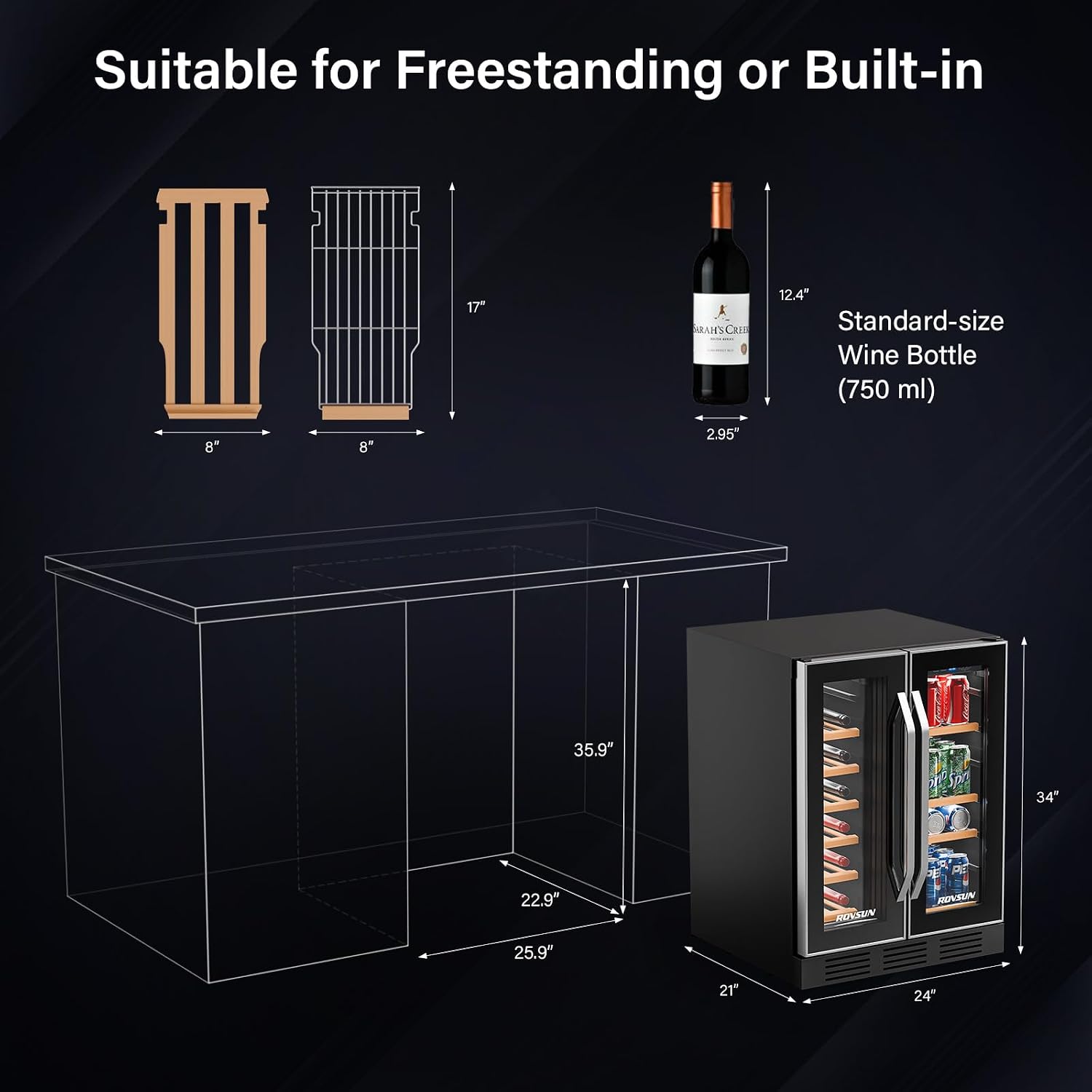 ROVSUN Dual Zone Wine and Beverage Refrigerator, 34 Bottle Wine Fridge with 2 Glass Door & Digital Temperature Control, Built-in/Freestanding/Under Counter Wine Cooler Chiller for Wine Champagne Beer