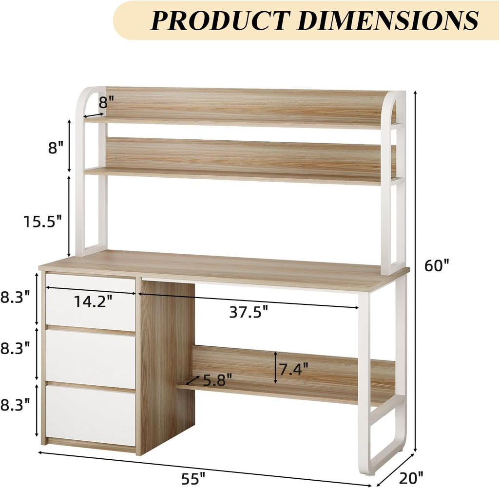 MaverickFurni Computer Desk with 3 Drawers and Shelves, 55 Inch Desk with Hutch for Small Spaces, Study Writing Desk with Shelves for Bedrrom, Adjustable Feet, Light Walnut