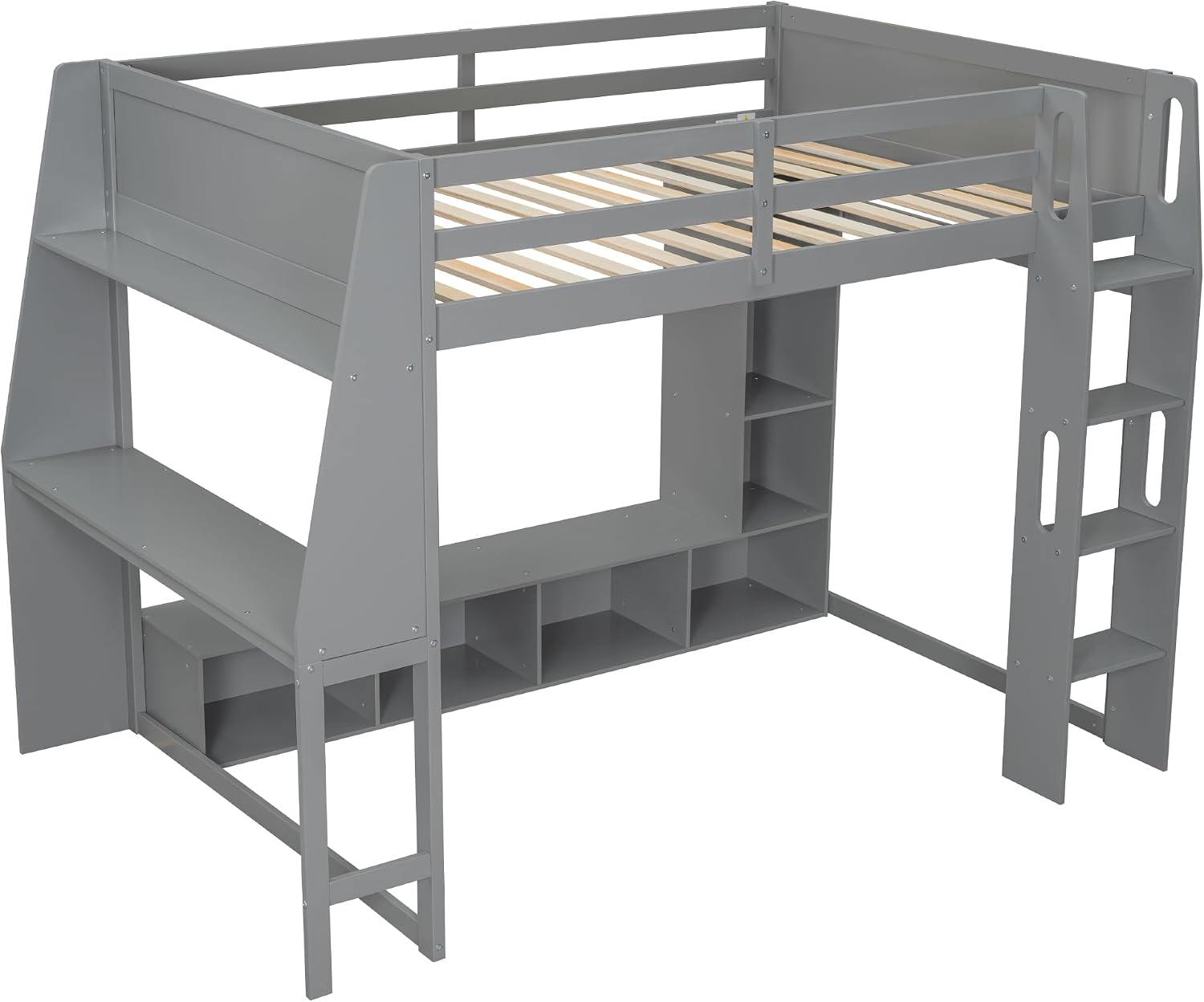 Solid Wood Gaming Loft Bed Full Size with Desk & Shelves & Hanging Rack & LED,Esports Design for PC & Console Gamers,Space Saving Loft Bed Frame with Guardrails & Ladder,No Box Spring Needed,Gray