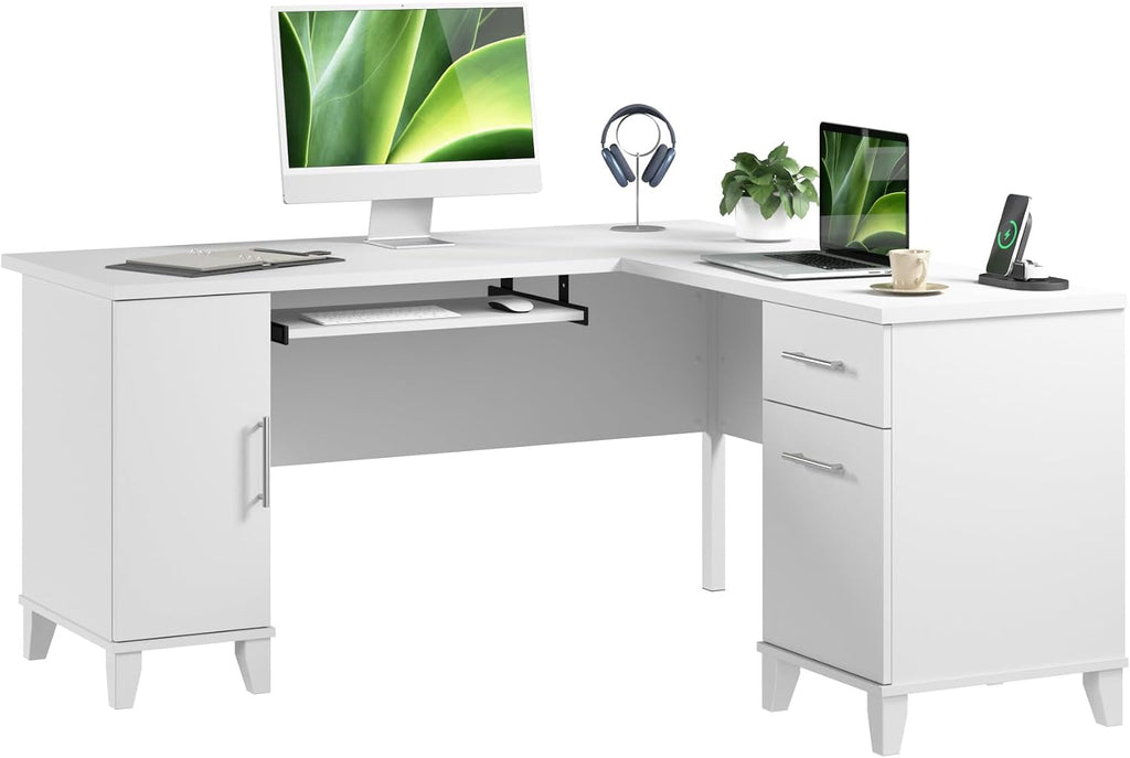 Bush Home 60-Inch L-Shaped Desk with Storage, Corner Computer Office Desk with Drawers and Storage Cabinet, Home Office Furniture, Somerset Collection, White