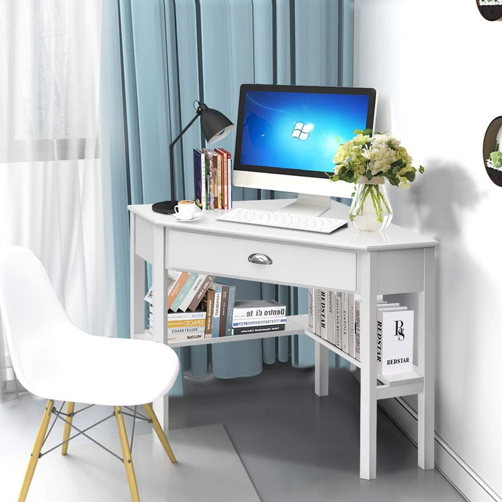 Tangkula White Corner Desk with Drawer, Storage Shelves for Computer, Makeup Vanity Desk for Small Space, 90 Degrees Triangle Desk
