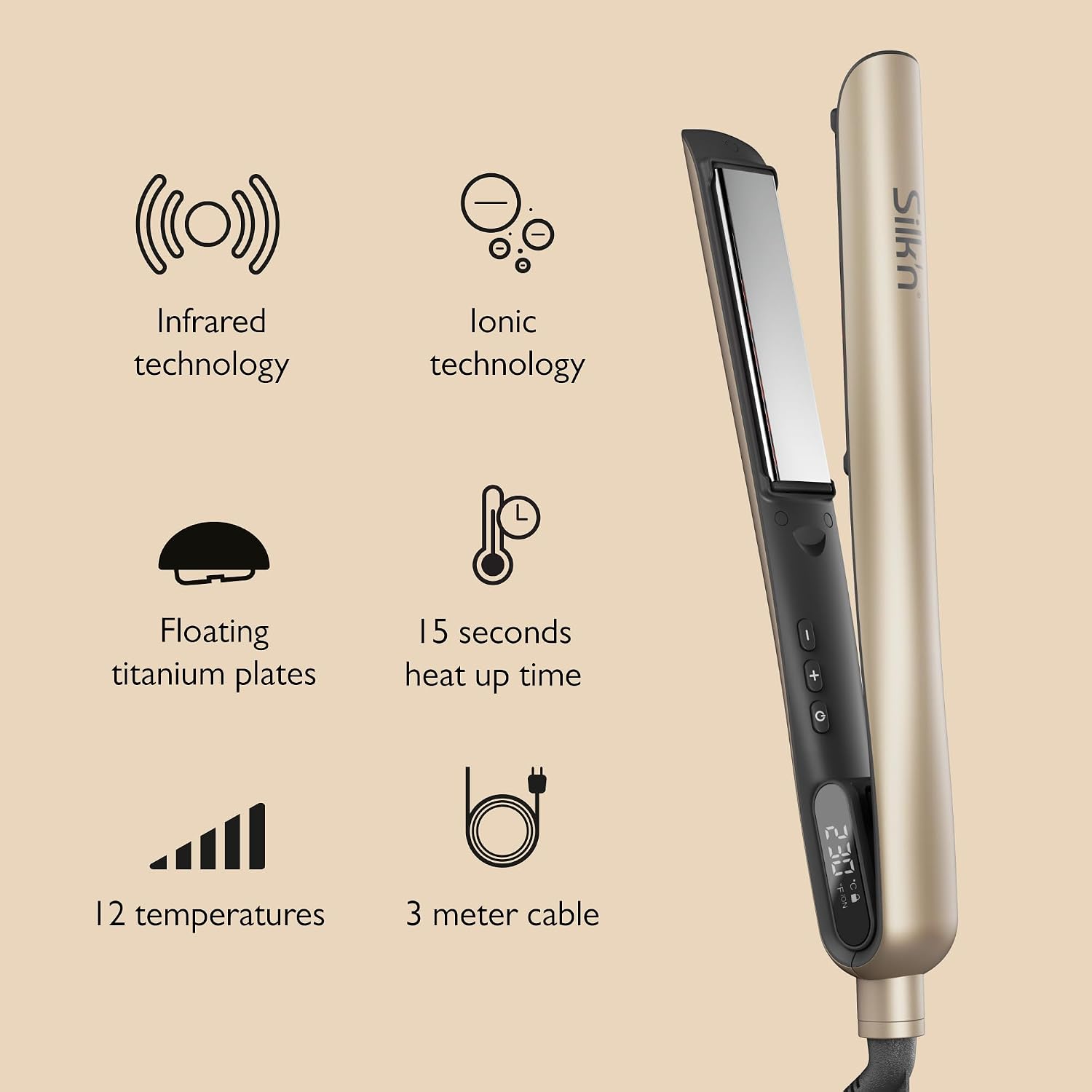 Silk'n SilkyStraight Hair Straightener & Curler 2 in 1, Professional 1' Titanium Flat Iron with Infrared & Ionic Tech, Floating Plates, 12 Settings 240–450°F, 15-Sec Heat-Up, Dual Voltage