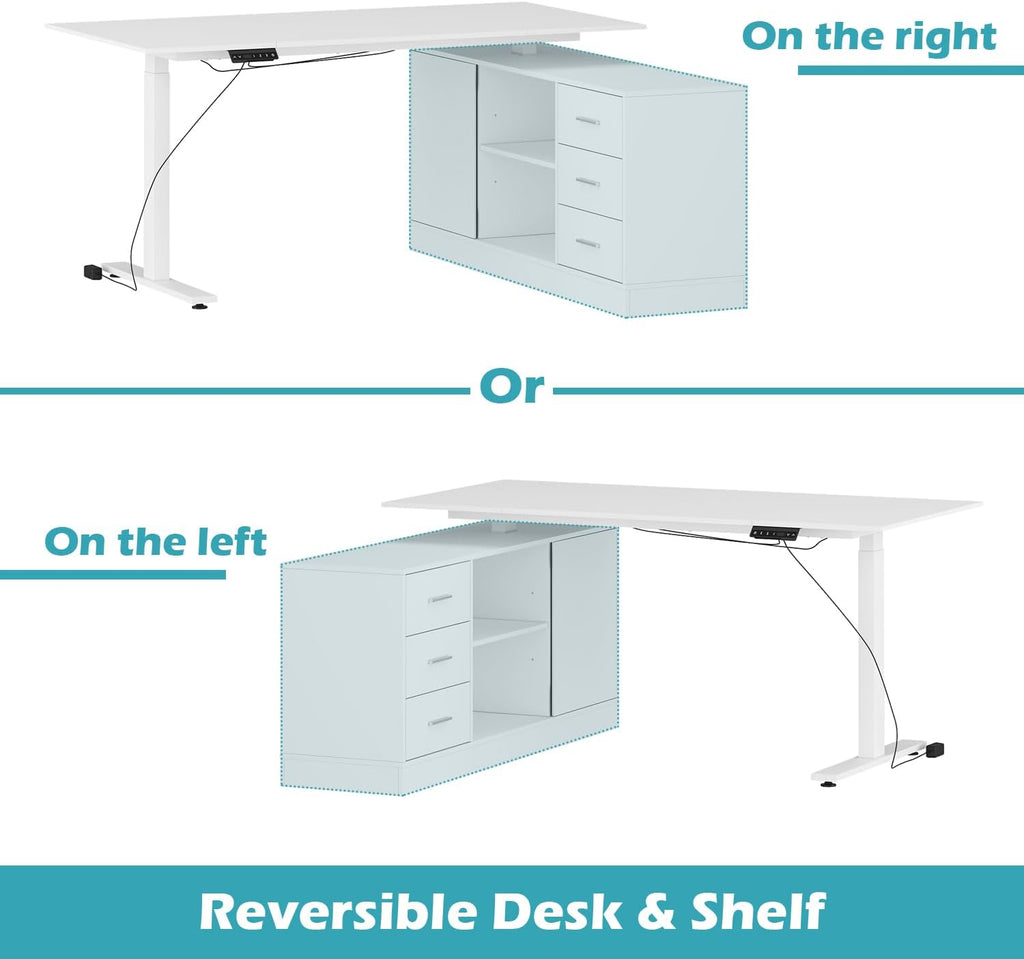 Homsee Home Office L Shaped Electric Standing Desk with Drawers and Shelves, Height Adjustable & Shape Reversible Stand up Desk, 63' Computer Executive Corner Table, White