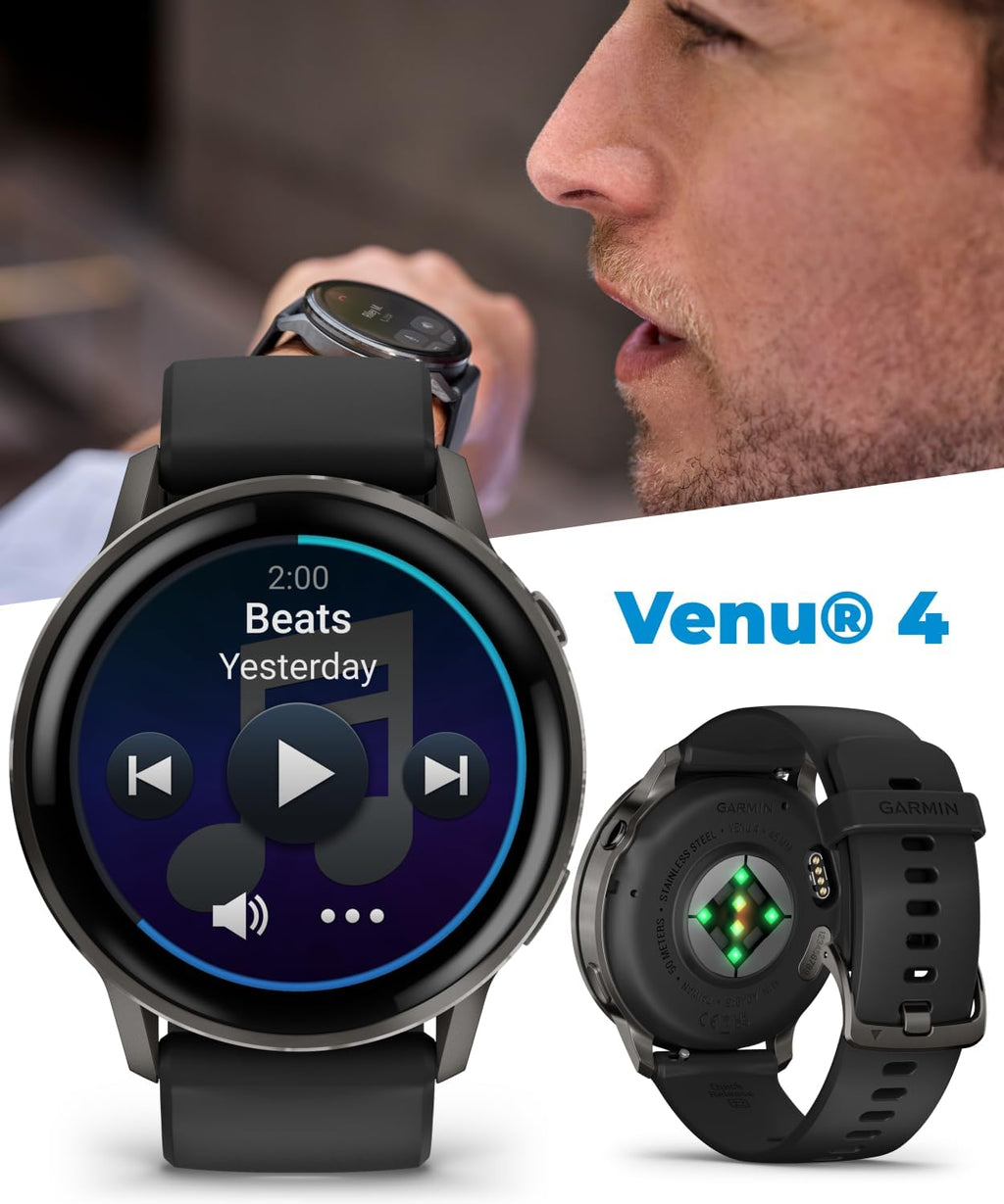 Garmin Venu 4 45mm AMOLED Advanced Health & Fitness GPS Smartwatch, Bright & Colorful Display, Built-in Flashlight, Up to 12 Days, Slate with Black Silicone Band w/Wearable4U Black Earbuds Bundle