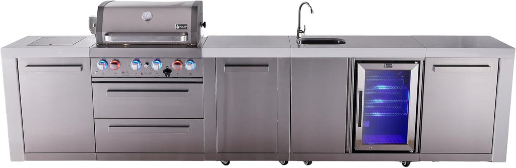 Mont Alpi Premium 145' Deluxe Stainless Steel Outdoor Kitchen Island with Refrigerator + Beverage Center Faucet & Sink + 32'W 4-Burner BBQ Grill + Granite Countertops + Storage + Rotisserie + Cover