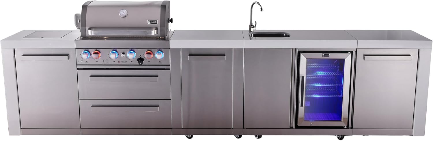 Mont Alpi Premium 145' Deluxe Stainless Steel Outdoor Kitchen Island with Refrigerator + Beverage Center Faucet & Sink + 32'W 4-Burner BBQ Grill + Granite Countertops + Storage + Rotisserie + Cover