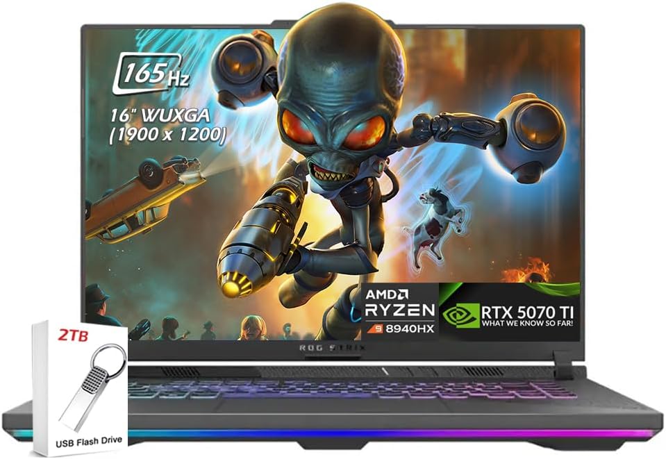 ASUS ROG Strix G16 Gaming Laptop 16' WUXGA LED IPS 165Hz 300nits Display, AMD Ryzen 9 8940HX, RTX 5070 Ti 12GB, 16GB DDR5 2TB SSD, Wi-Fi6E, Backlit KB, Win11, Eclipse Gray, w/2TB USB Drive, W/GaLiMu