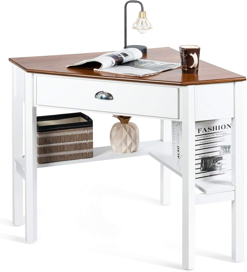 Tangkula Corner Desk, Corner Computer Desk with Drawer for Small Space, Small Corner Makeup Vanity Desk, 90 Degrees Triangle Corner Desk with Storage Shelves (Natural & White)