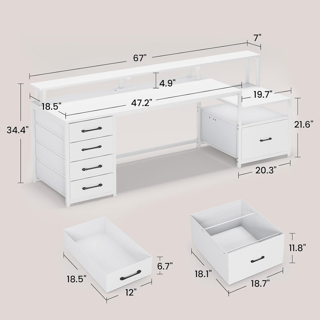 SEDETA White Computer Desk with 5 Drawer & Power Outlet, 66'' Home Office Desk with File Drawer, Storage Shelves, Printer Cabinet and Monitor Shelf, Gaming Desk with Led Lights