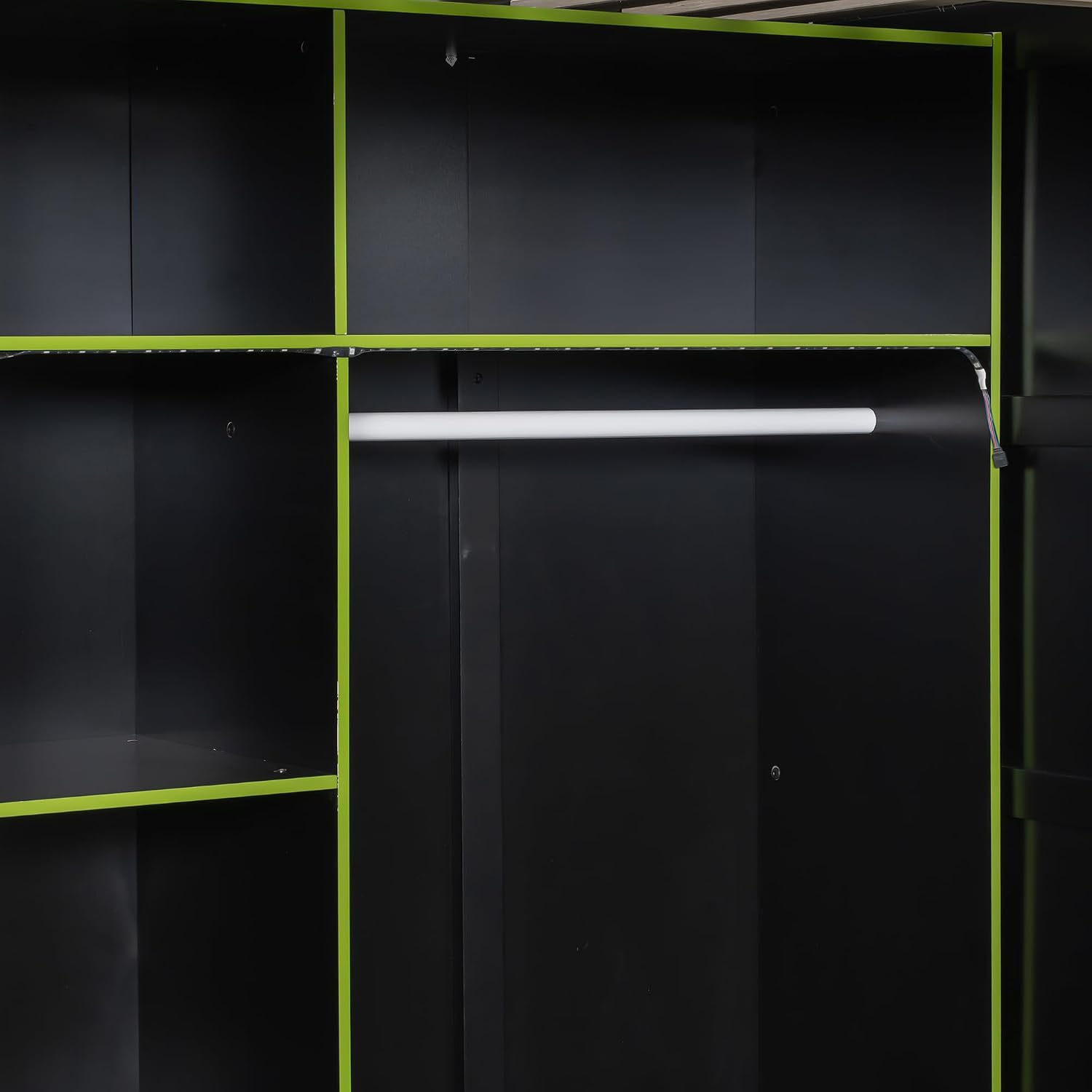 Merax Wood Loft Bed with Desk, Open Wardrobe, Storage Compartments and RGB Lights, Full Size, Green