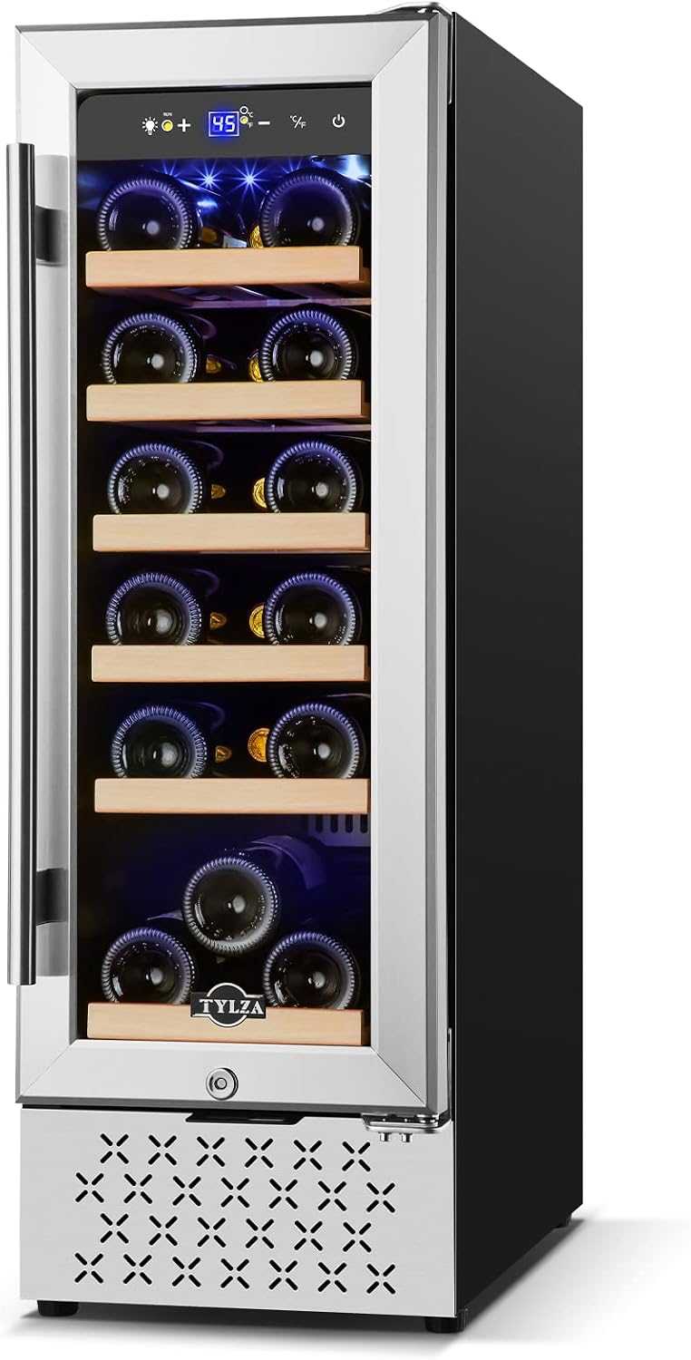 Tylza 12' Wine Cooler Refrigerator, 18 Bottles Wine Fridge Built-in or Freestanding with Stainless Steel & Double-Layer Tempered Glass Door, Compressor Fast Cooling, Low Noise and No Fog, Mini Fridge