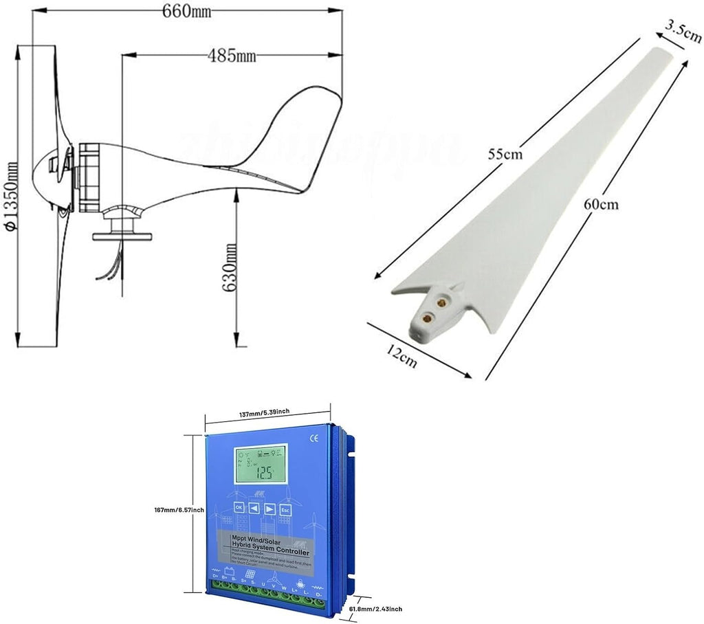 3000W Wind Turbine Generator Kit With 200W Solar Panel 12V/24V/48V MPPT Charge Controller Permanent Magnet Hybrid System For Home Use Street Lighting Off-Grid Renewable Energy(12V)