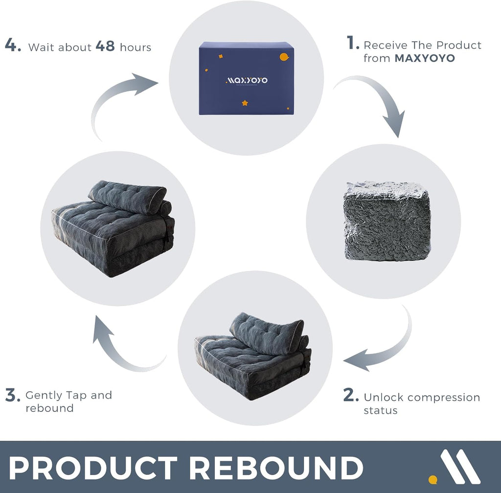 MAXYOYO Folding Sofa Bed, Convertible Sleeper Chair with Pilow Foldable Mattress with Back Support, Portable Fold Out Chair Bed Comfy Floor Sofa Lounge for Living Room Bedroom, Dark Grey, Double