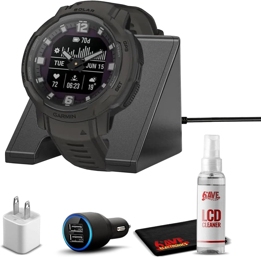 Garmin Instinct Crossover Solar Rugged Hybrid Smartwatch with Solar Charging Capabilities Graphite with Watch Charging Stand, 2-Port Car Adapter, Wall-Adapter & Watch Cleaning Kit (010-02730-11)