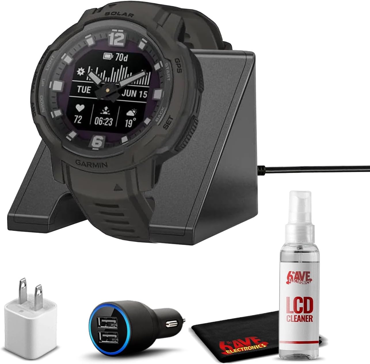 Garmin Instinct Crossover Solar Rugged Hybrid Smartwatch with Solar Charging Capabilities Graphite with Watch Charging Stand, 2-Port Car Adapter, Wall-Adapter & Watch Cleaning Kit (010-02730-11)
