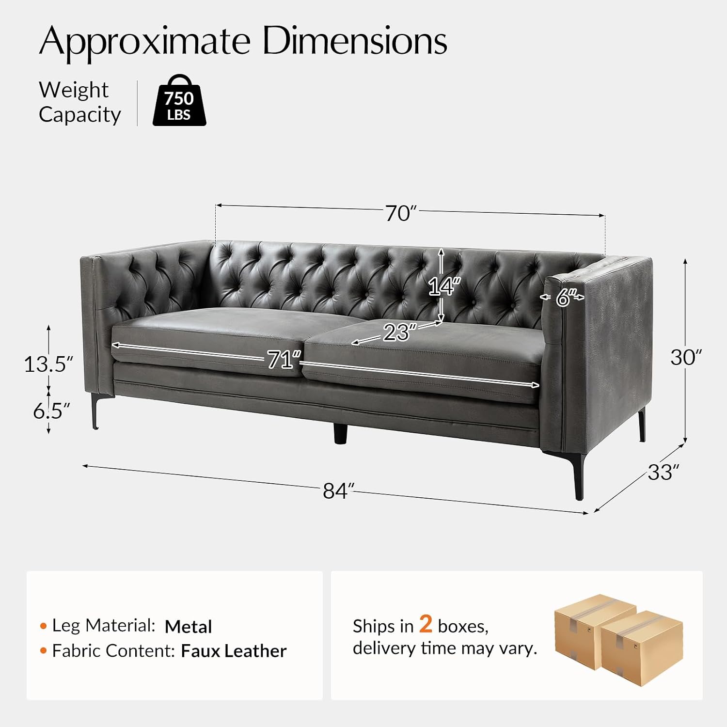 HULALA HOME 84' W Faux Leather Sofa Couch with Metal Legs, Button-Tufted 3-Seater Sofa, Mid Century Modern Contemporary Upholstered Couch for Living Room, Entertainment Area, Apartment,Grey
