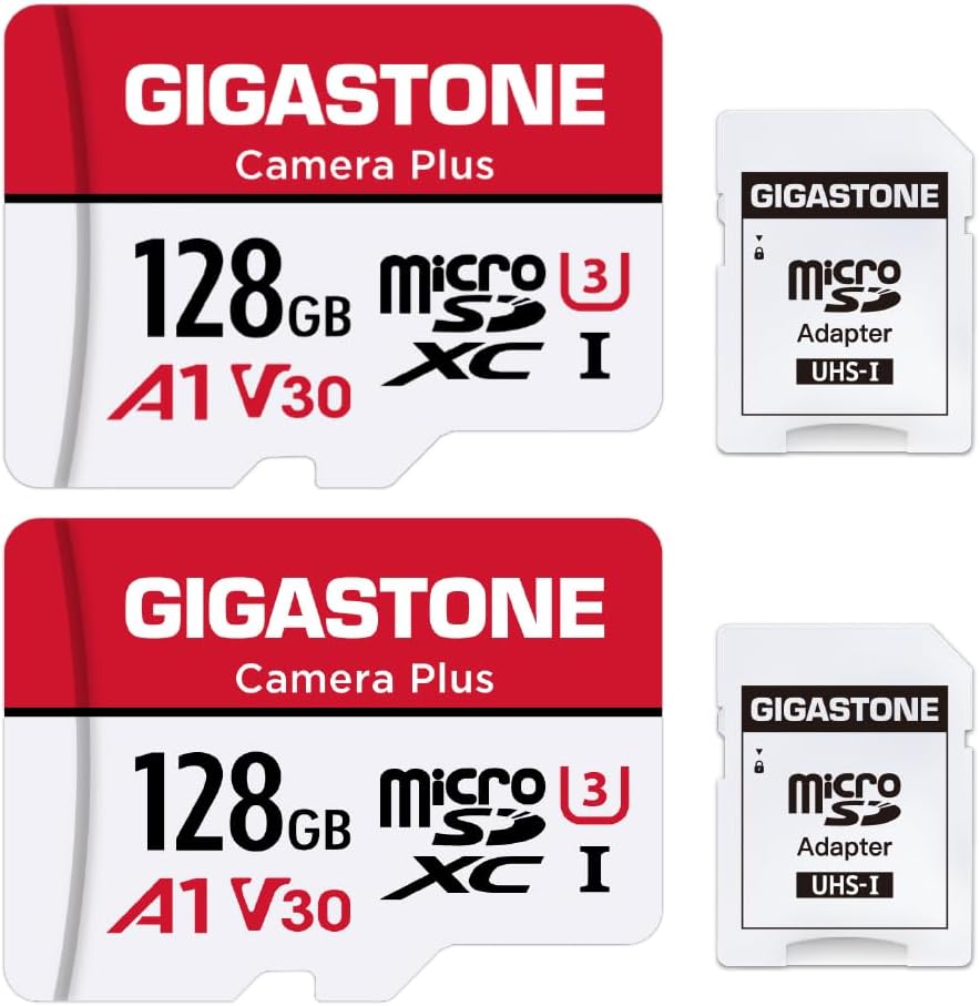 GIGASTONE 128GB Micro SD Card 2-Pack, Camera Plus, Compatible with GoPro, Security Camera, Dash Cam, Speed up to 100MB/s, 4K Video Recording, Micro SDXC UHS-I A1 V30 U3 Class 10