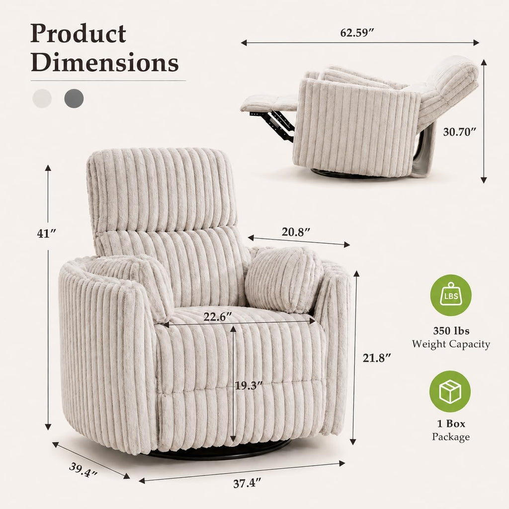 Power Nursery Rocking Chair Swivel Glider Reclining Chair with 2 Pillows, Nursery Glider Rocking Recliner with Type-C & USB Charger Port, Corduroy Upholstery Armchair for Living Room/ Off-White
