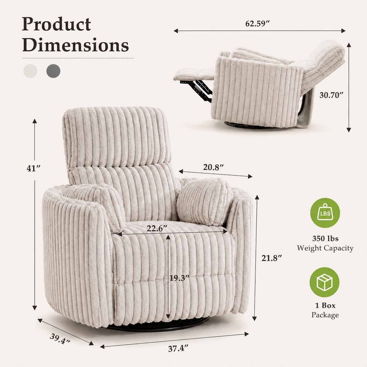 Power Nursery Rocking Chair Swivel Glider Reclining Chair with 2 Pillows, Nursery Glider Rocking Recliner with Type-C & USB Charger Port, Corduroy Upholstery Armchair for Living Room/ Off-White
