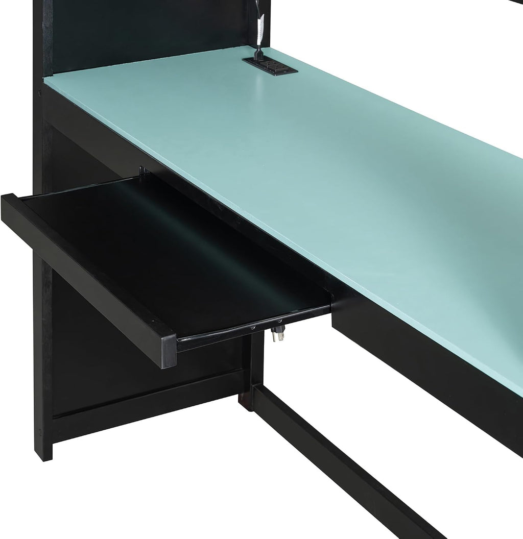 Full Gaming Loft Bed with Wardrobe & Desk & Charging Station & RGB Light,Esports Wood Loft Bed Frame with Storage Shelves,Curtains and DIY Pegboard,Space Saving,No Box Spring Needed,Black Blue