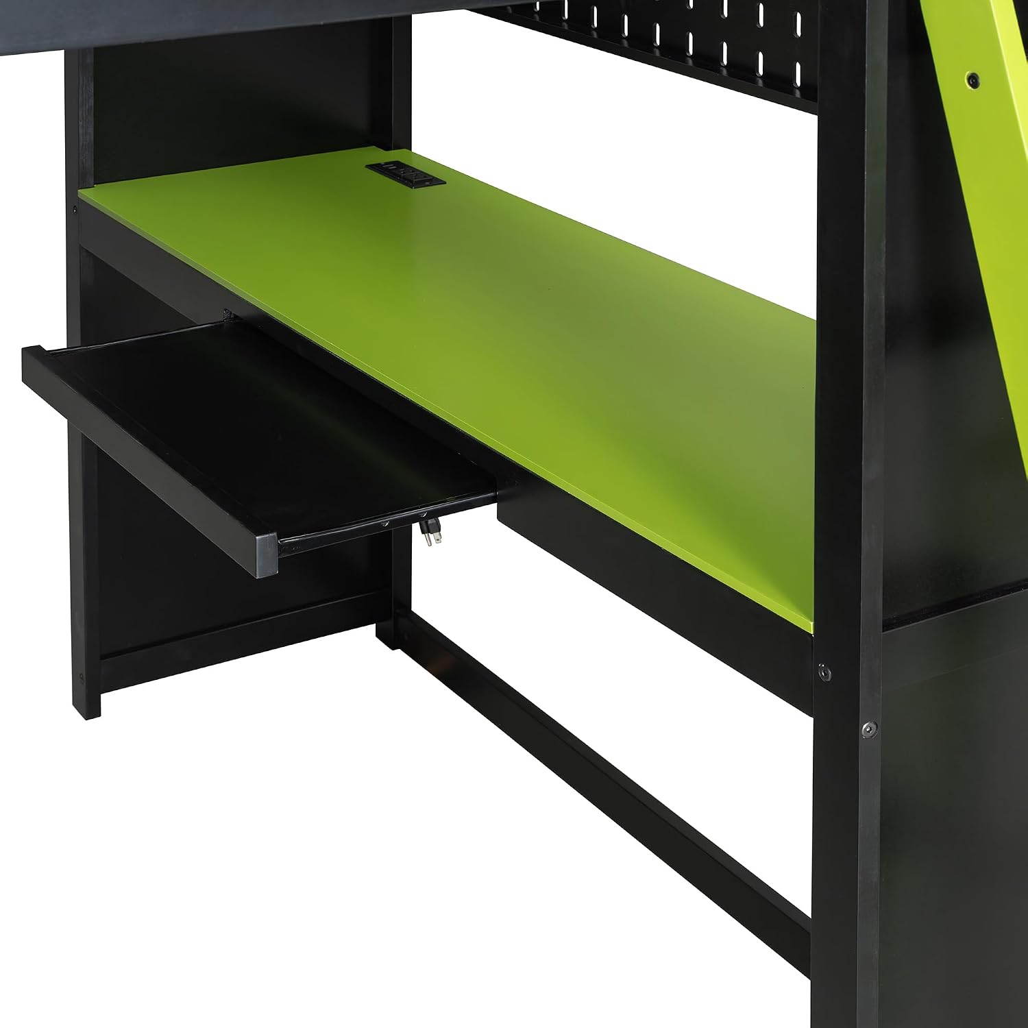 Full Gaming Loft Bed with Wardrobe & Desk & Charging Station & RGB Light,Esports Wood Loft Bed Frame with Storage Shelves,Curtains and DIY Pegboard,Space Saving,No Box Spring Needed,Black Green