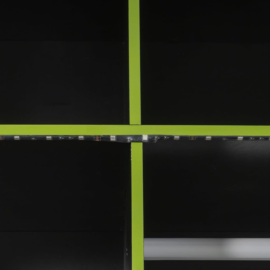 Merax Wood Loft Bed with Desk, Open Wardrobe, Storage Compartments and RGB Lights, Full Size, Green