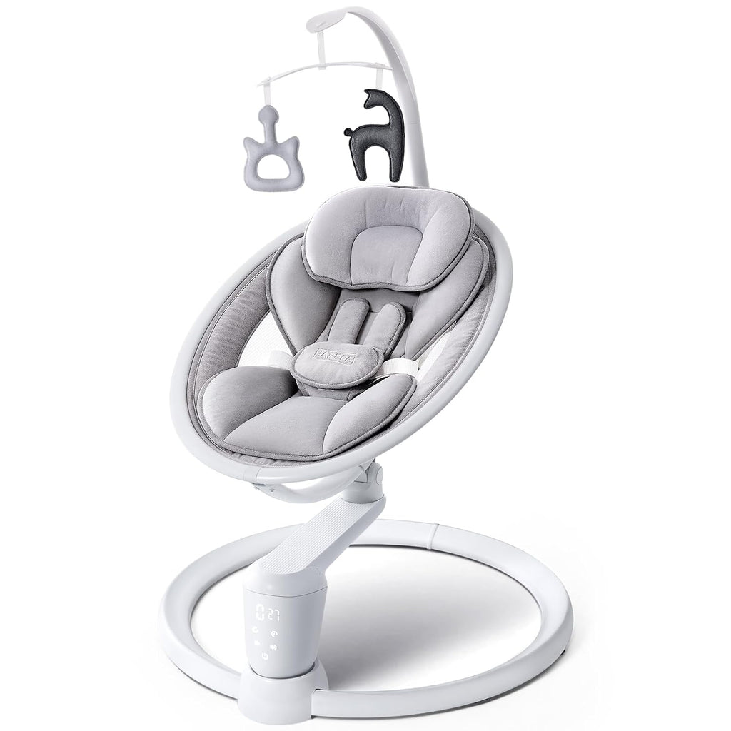 HARPPA Weddell Plus Electric Baby Swings for Infants and Newborns, Eye-Level Baby Swing 5 Speeds and Remote Control 10 Built-in Melodies, 2 Seat Positions & 180° Rotation for Indoor Use, Light Gray