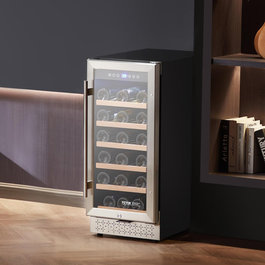 VEVOR YC-100A, 28, Mini Wine Refrigerator with Glass Door, Adjustable Shelves, Digital Temperature Control, Built-in & Freestanding Cooler Fridge for Home, Office, Bar, 32 Bottle, Sliver