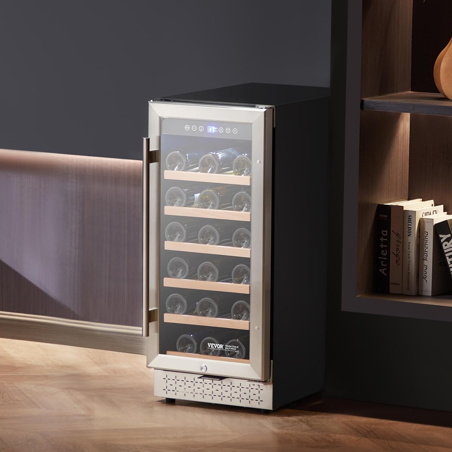 VEVOR YC-100A, 28, Mini Wine Refrigerator with Glass Door, Adjustable Shelves, Digital Temperature Control, Built-in & Freestanding Cooler Fridge for Home, Office, Bar, 32 Bottle, Sliver