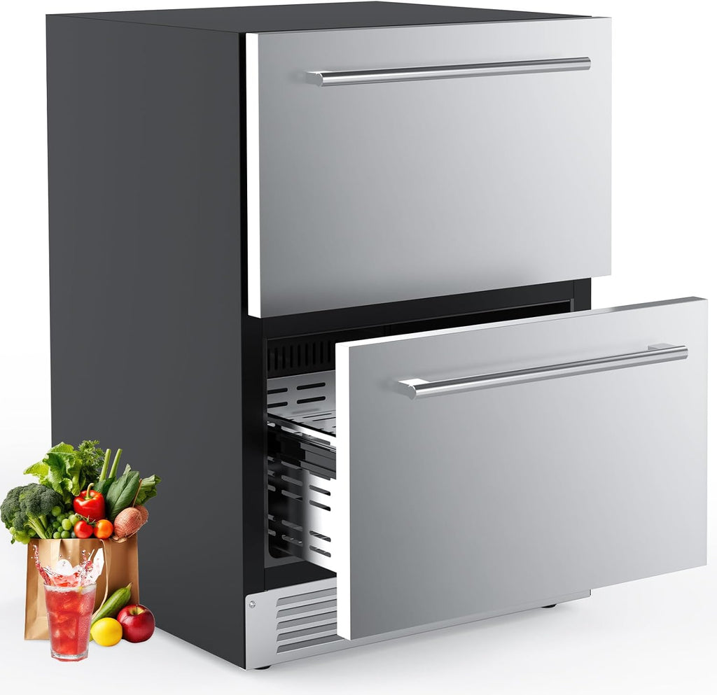 COWSAR Under Counter Double Drawer Refrigerator, 24 Inch Weather Proof Outdoor Beverage Fridge, Built-in Stainless Steel Beverage Cooler, 145 Cans for Kitchen & Commercial, Silver