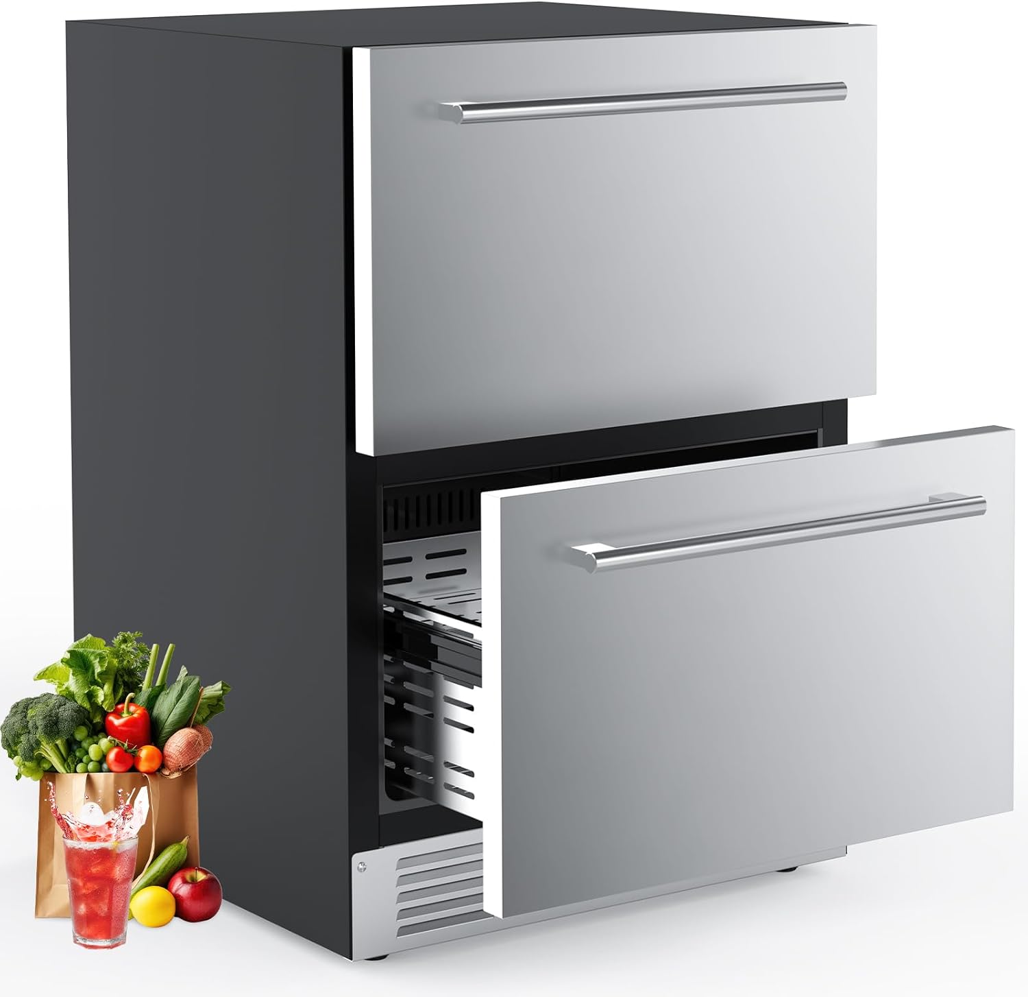 COWSAR Under Counter Double Drawer Refrigerator, 24 Inch Weather Proof Outdoor Beverage Fridge, Built-in Stainless Steel Beverage Cooler, 145 Cans for Kitchen & Commercial, Silver