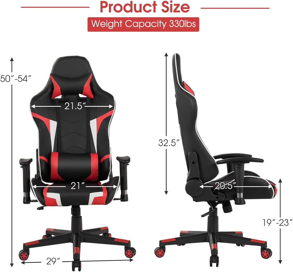 Tangkula Gaming Desk and Chair Set, Ergonomic Gamer Desk & Racing Chair Set Cup Holder, Headphone Hook, Handle Rack & Monitor Stand, Massage & Headrest, Home Office Computer Desk Chair Set (Red)