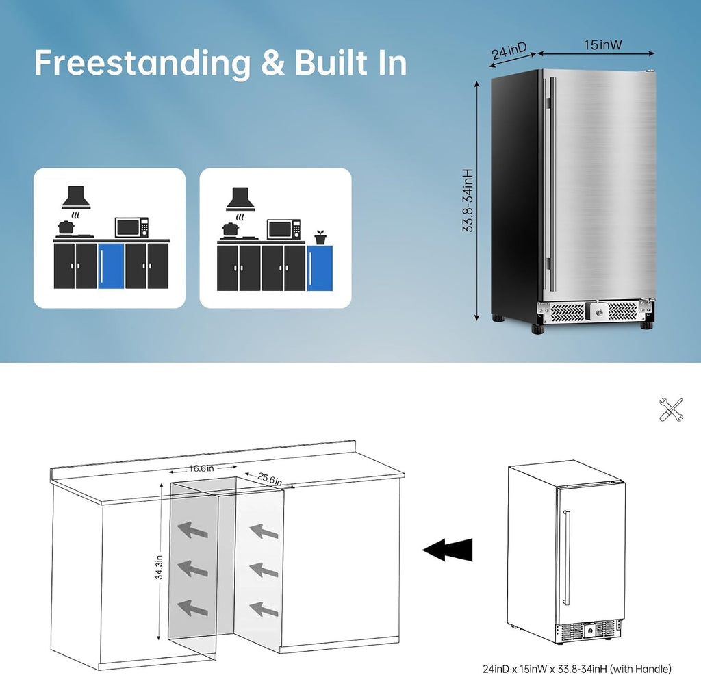 15 inch Outdoor Beverage Refrigerator, Under Counter fridge, 120 Cans Outdoor Wine Cooler with Stainless Steel Finish for Beer, Soda, Freestanding Small Drink Cooler
