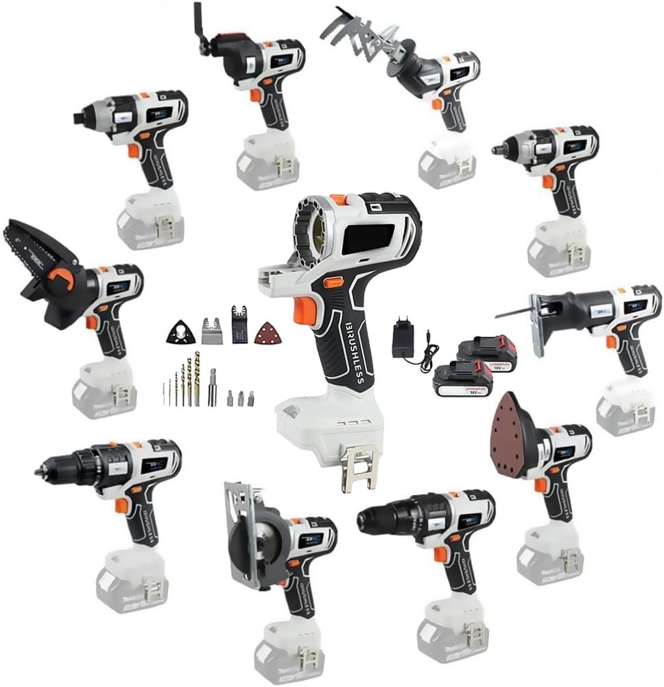 Cordless Power Tool Combo Kit, 10 in 1 Multi-Functional Woodworking Tool Set, Brushless Power Tool Combo Kit for DIY Projects, Cordless Tool Set, 2 x 4.0Ah Battery & Tool Box