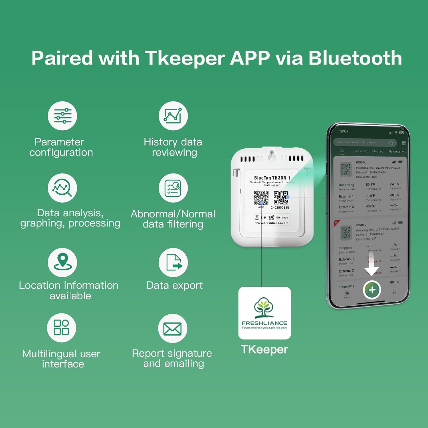 Freshliance Temperature Humidity Data Logger Recorder Bluetooth with 2pcs External Probe, Digital Refrigerator Thermometer Hygrometer, Remote Data Recording Analysis Alarm by Smart APP,BlueTag TH30R-I