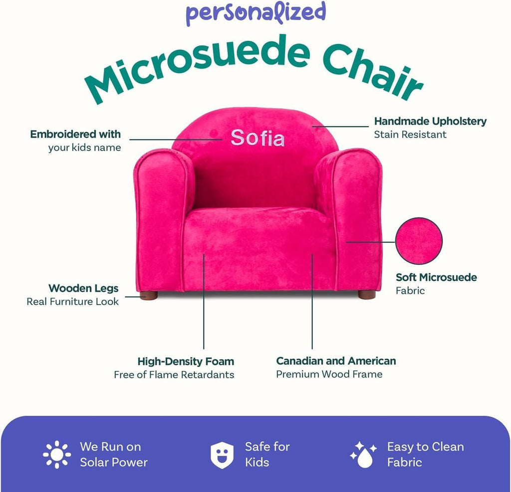 Personalized Toddler Chair, Customize with Name, Soft Microsuede Upholstery, Embroidered Kids Armchair, Sturdy Wooden Frame, Easy to Clean, Ages 2–5, Gift-Ready Toddler Chair for Playrooms.