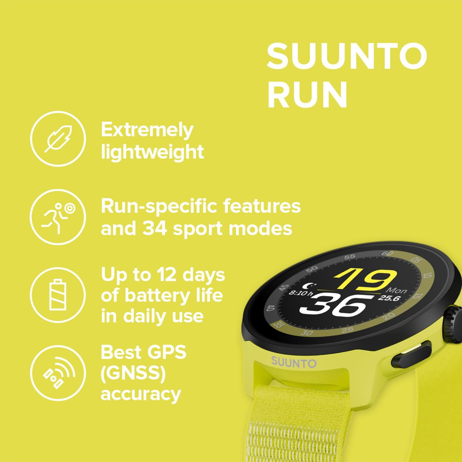 SUUNTO Run Sports Watch, 1.32' AMOLED Touchscreen w/Crown Button, 12D Battery Life, Dualband Accurate GPS, Running Wrist Heart-Rate & Sleep Health Tracking, 35g Lightweight & 4GB Offline Music, Lime