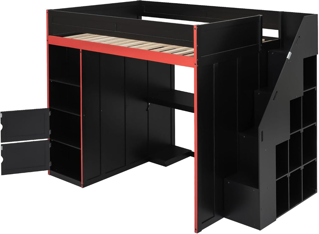 SOFTSEA Full Size Gaming Loft Bed with Desk & Storage Stairs, Solid Wood Loft Bed with LED Lights, Wardrobe and Shelves, Space-Saving Gaming Bed for Kids Teens Adults, Black + Red
