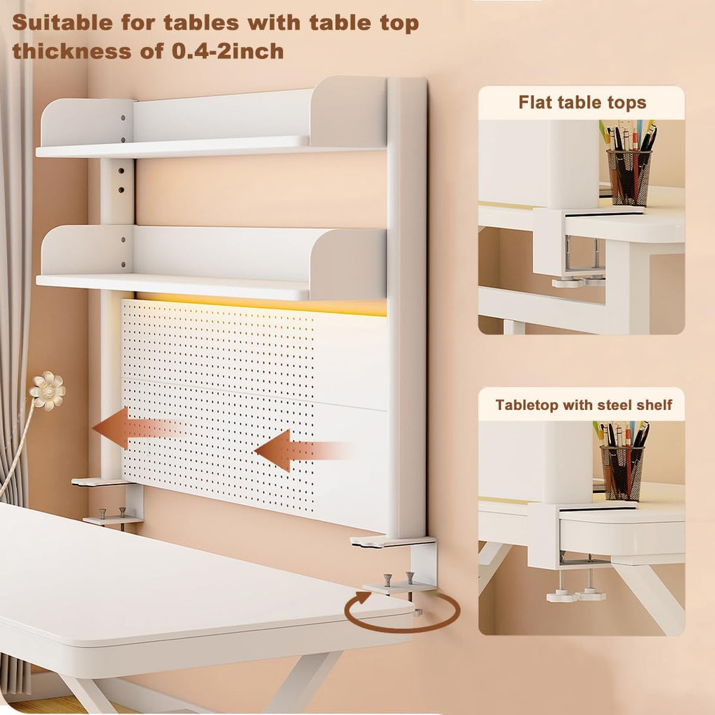 Clamp on Desk Shelf with Pegboard, Desktop Organization Bookshelf Storage Shelves for Home Office Dorm Gaming Desk, Space Saving Tabletop Display Rack