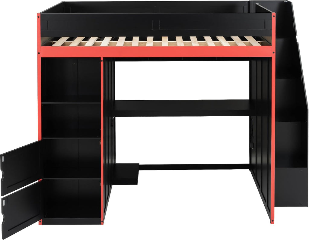 SOFTSEA Full Size Gaming Loft Bed with Desk & Storage Stairs, Solid Wood Loft Bed with LED Lights, Wardrobe and Shelves, Space-Saving Gaming Bed for Kids Teens Adults, Black + Red