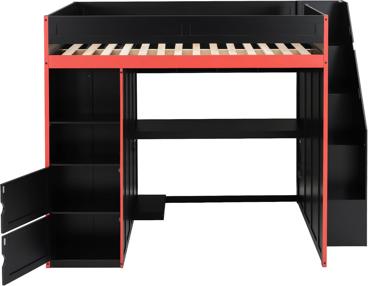SOFTSEA Full Size Gaming Loft Bed with Desk & Storage Stairs, Solid Wood Loft Bed with LED Lights, Wardrobe and Shelves, Space-Saving Gaming Bed for Kids Teens Adults, Black + Red