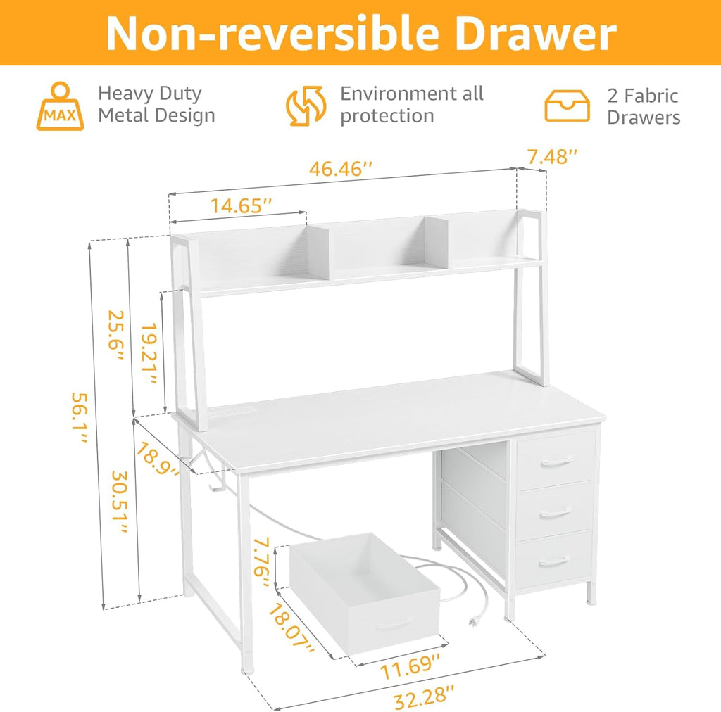 DLisiting White Computer Desk with Hutch & Drawers - 47 Inch Modern Study Writing Office Desk with 3 Storage Drawers and Power Outlets for Bedroom Home Office